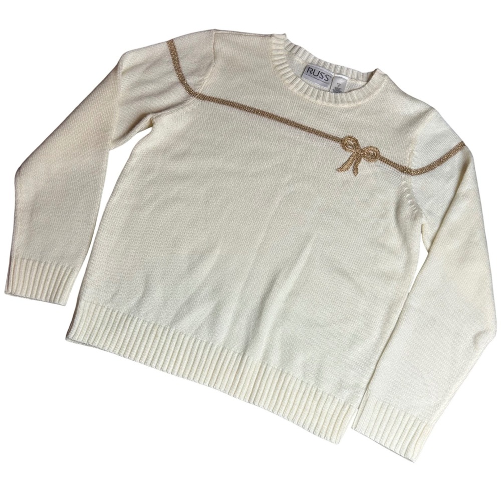 Vtg Russ Sweater M Cream Metallic Gold Bow